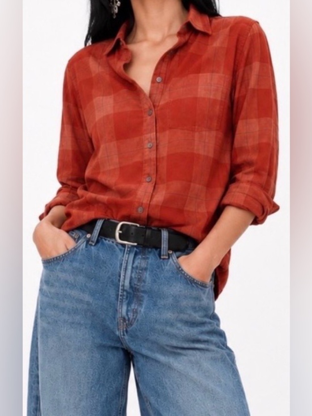 Prana Porter Organic Cotton Thin-Wale Corduroy Shacket in Rust & Gray Plaid - S